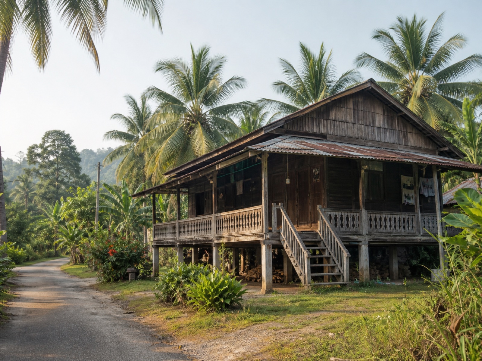 Ilustrasi rumah kampung Melayu tradisional dan moden